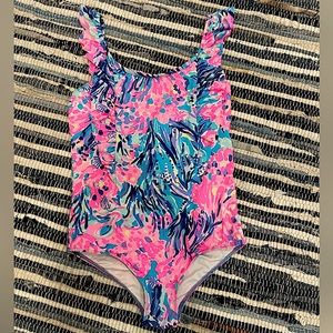 Lilly Pulitzer Girls One-Piece UPF 50+ Swimsuit Size: 12; Blue, Pink and White